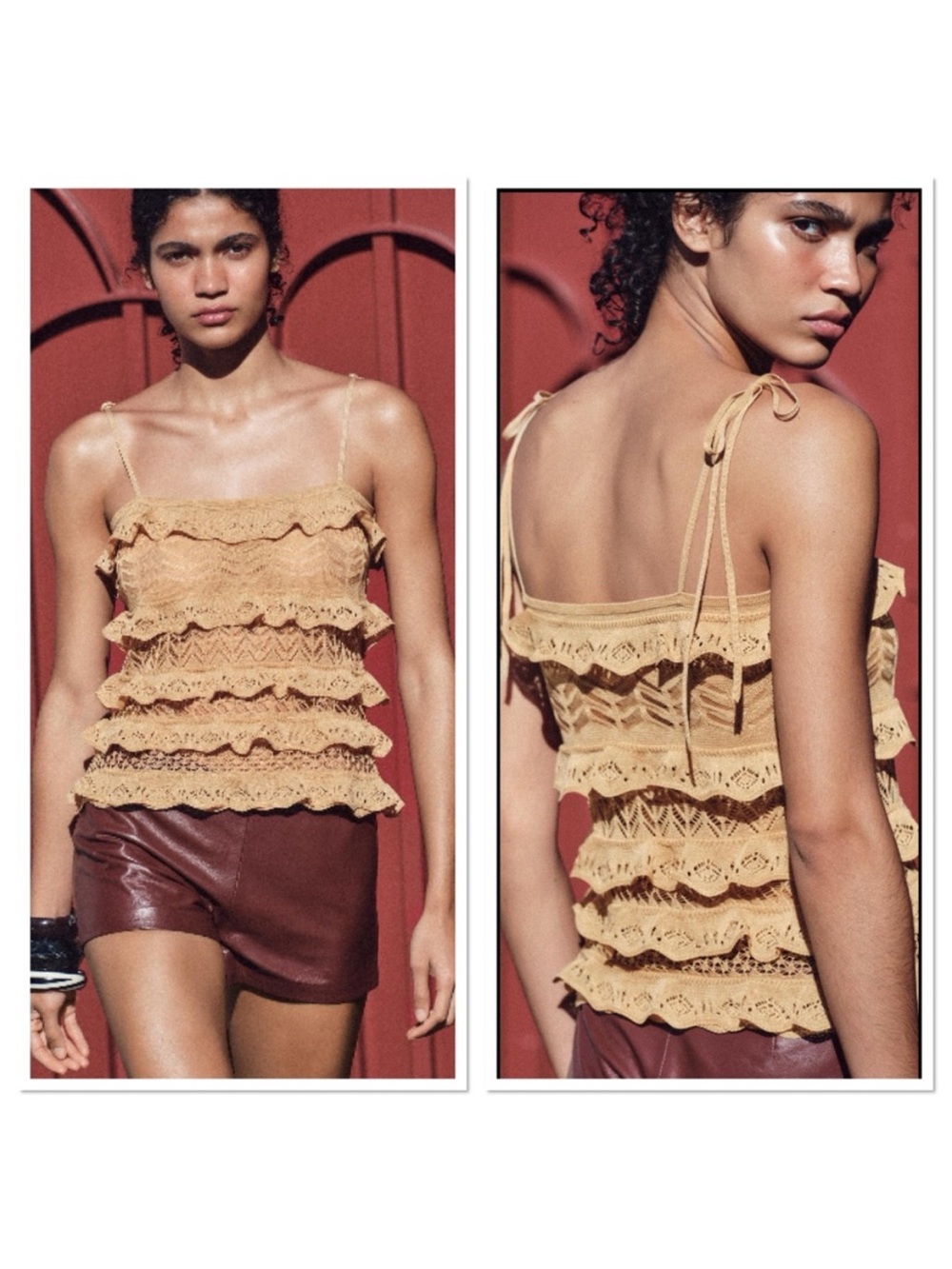 Zara Crochet Ruffle Tank Top - Tan